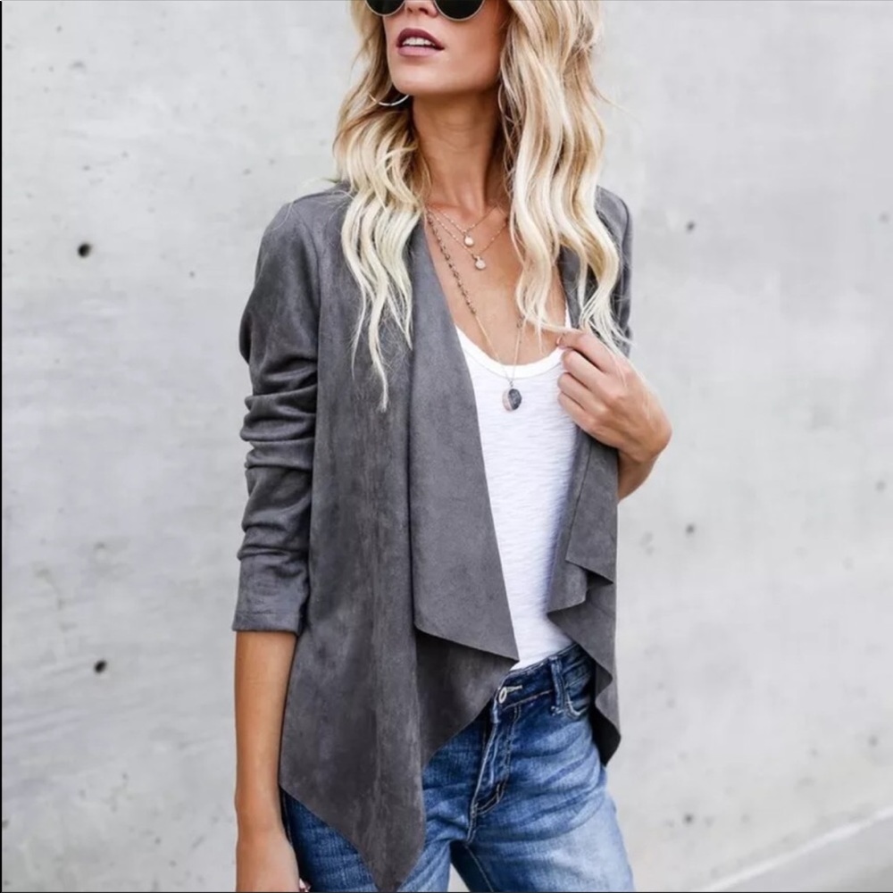 RESTOCKING SOON! Faux Suede Grey Open Cardigan - Picture 2 of 8